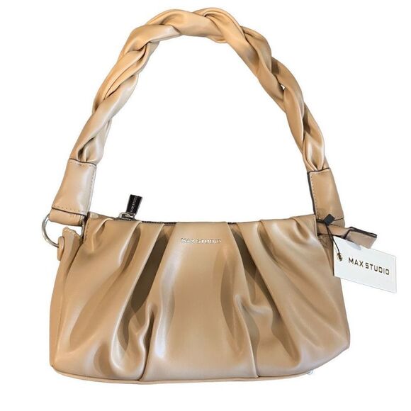 Max studio Tan Soft Puffy Pleated Style Vegan Leather Shoulder Bag New - Picture 2 of 8
